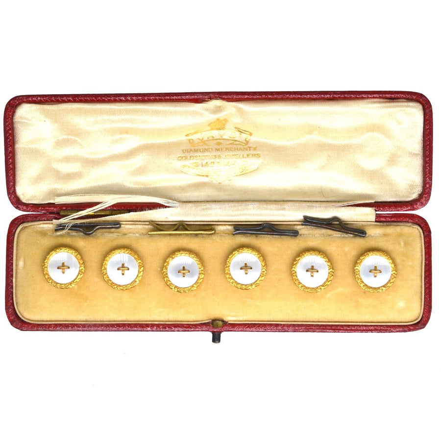 Edwardian 9ct Gold Mother of Pearl Dress Stud Buttons in Original Case | Parkin and Gerrish (UK)