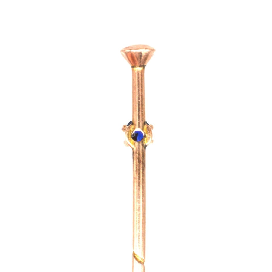 Edwardian 9ct Gold Tie Pin of a Walking Cane / Stick with a Sapphire | Parkin and Gerrish | Antique & Vintage Jewellery