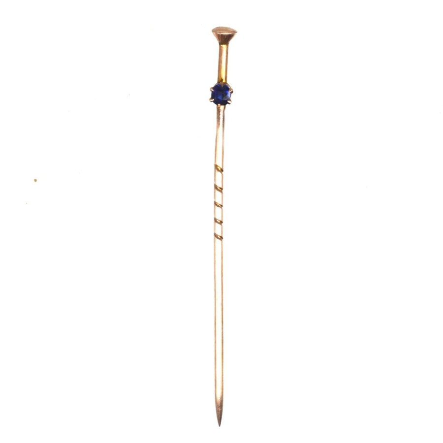 Edwardian 9ct Gold Tie Pin of a Walking Cane / Stick with a Sapphire | Parkin and Gerrish | Antique & Vintage Jewellery