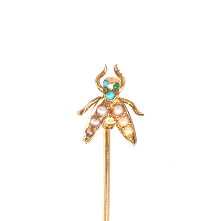 Edwardian 9ct Gold Turquoise and Seed Pearls Bug Tie Pin | Parkin and Gerrish | Antique & Vintage Jewellery