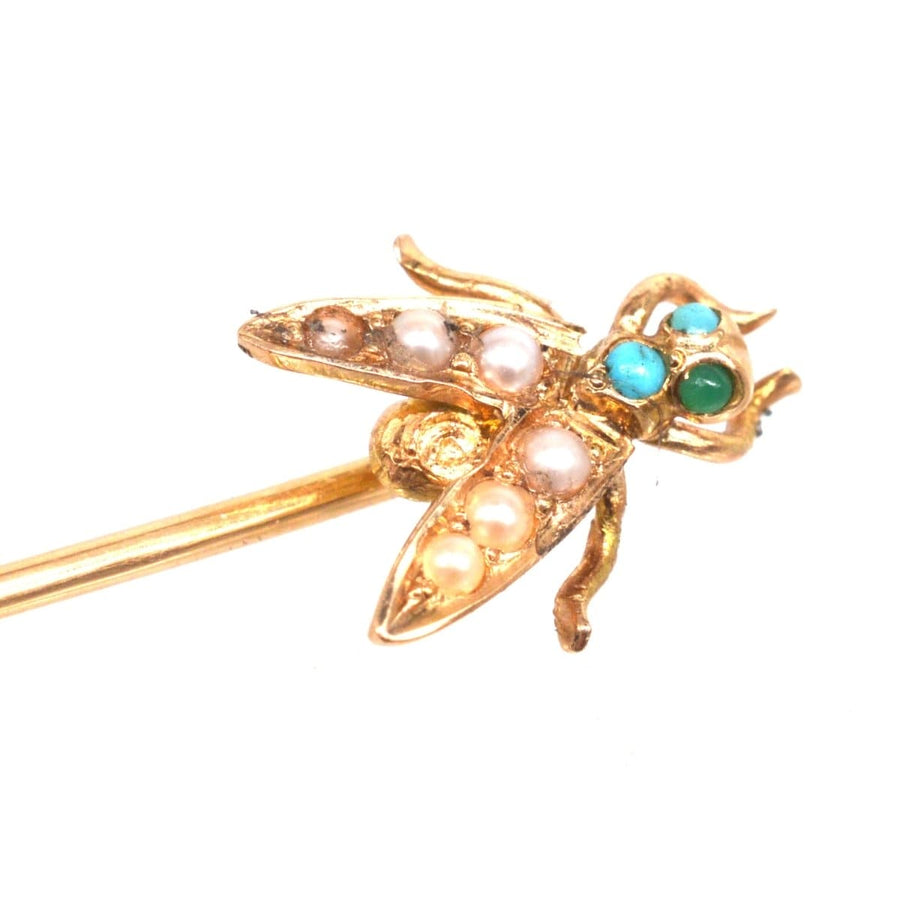 Edwardian 9ct Gold Turquoise and Seed Pearls Bug Tie Pin | Parkin and Gerrish | Antique & Vintage Jewellery