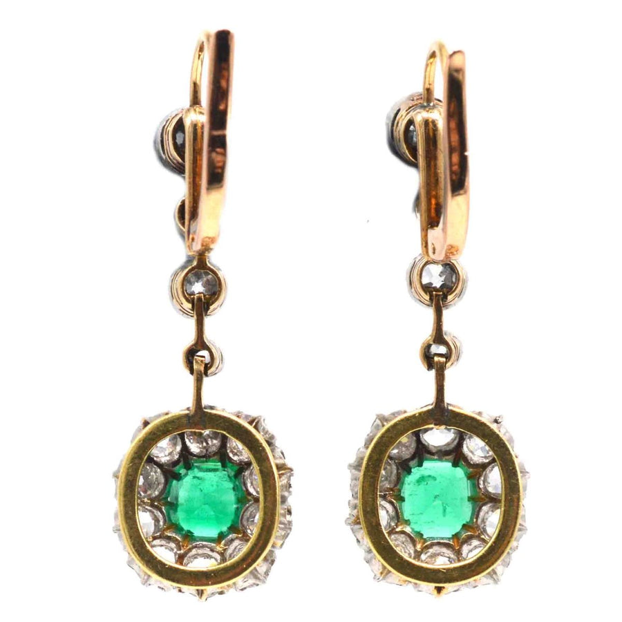 Edwardian Columbian Emerald and Diamond Cluster Drop Earrings | Parkin and Gerrish | Antique & Vintage Jewellery