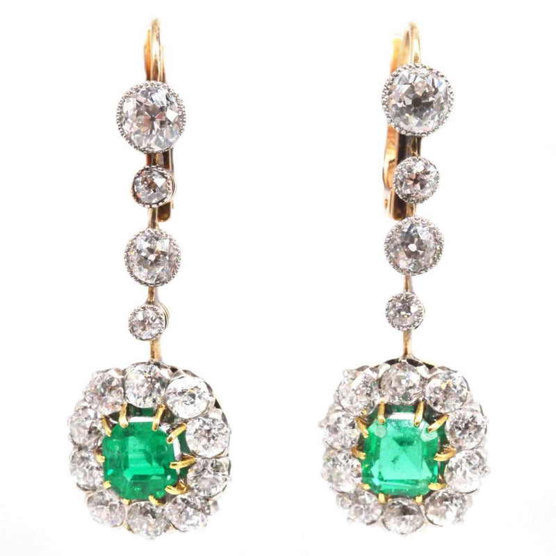 Boucles d'oreilles pendantes édouardiennes colombiennes en émeraude et diamants