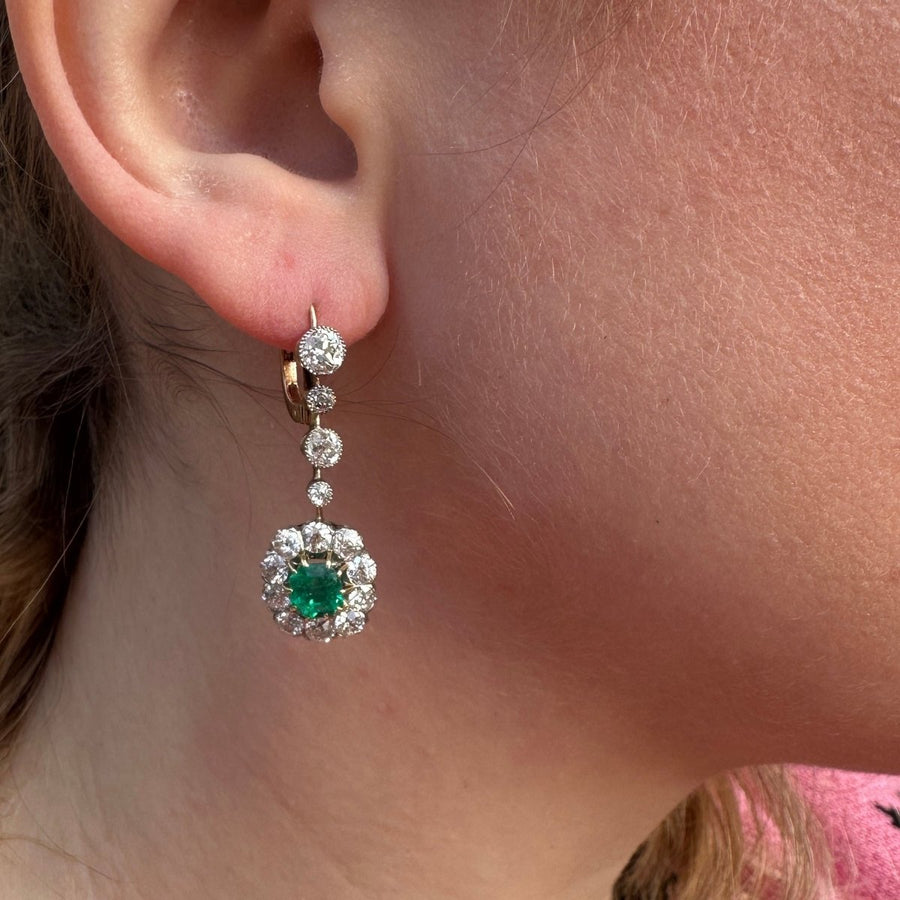 Edwardian Columbian Emerald and Diamond Cluster Drop Earrings | Parkin and Gerrish | Antique & Vintage Jewellery