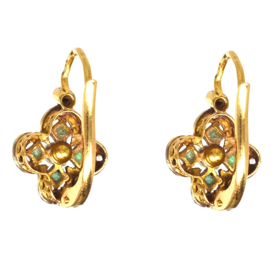 Edwardian Emerald, Diamond and Pearl Quatrefoil Earrings | Parkin and Gerrish | Antique & Vintage Jewellery