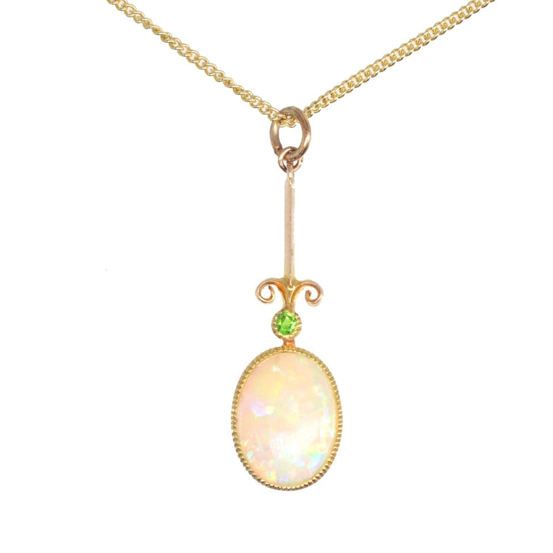 Pendentif édouardien en opale et grenat vert sur chaîne moderne en or 9 carats