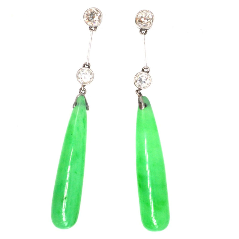 Edwardian Platinum, Certified Natural Jade and Diamond Earrings