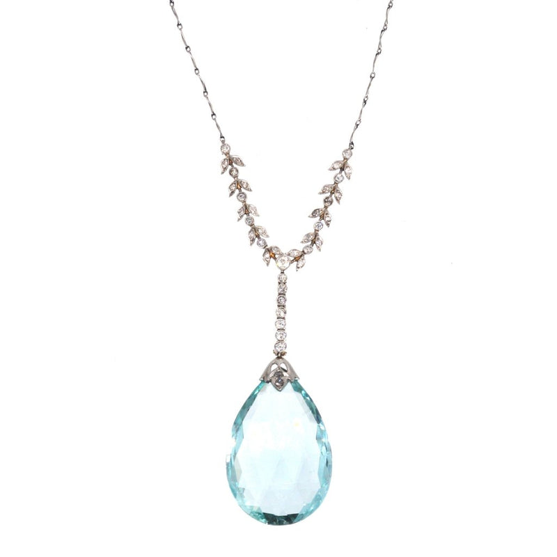 Edwardian Platinum Diamond and Large 30 Carats Aquamarine Drop Necklace