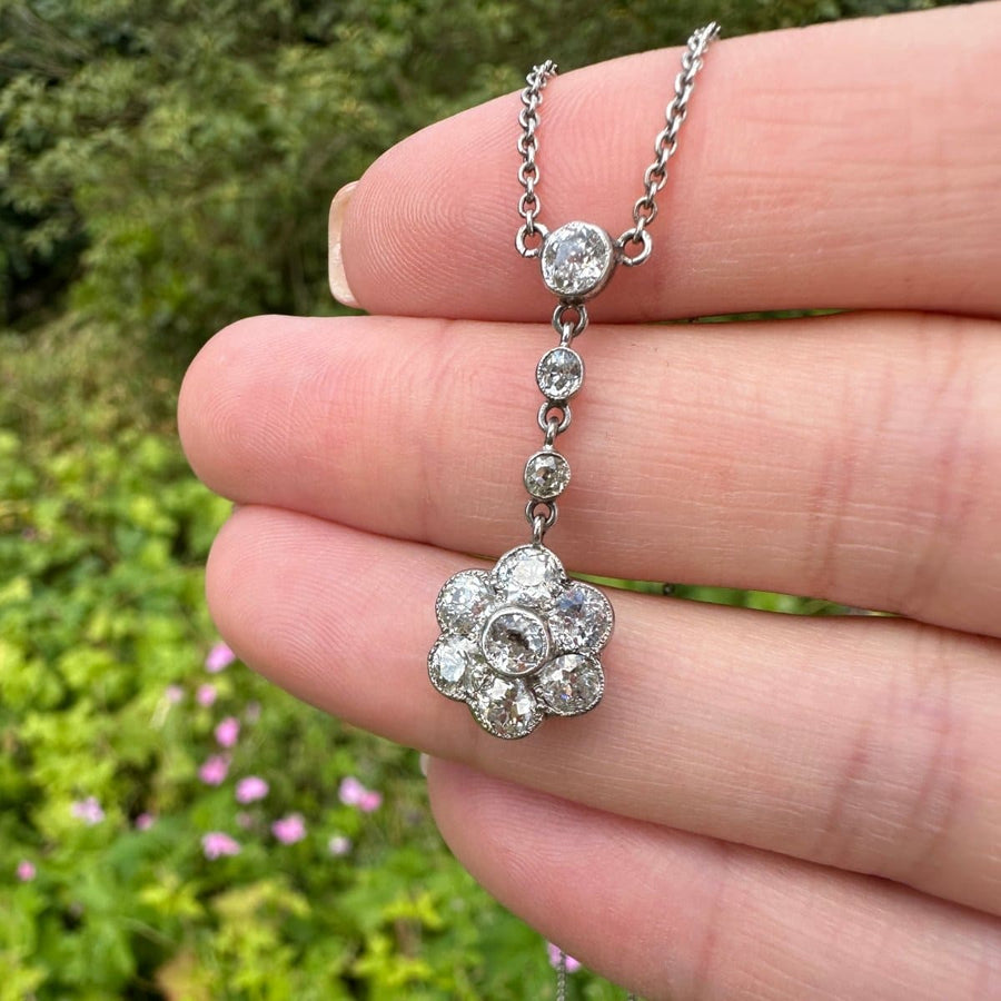 Edwardian Platinum Diamond Cluster Drop Necklace | Parkin and Gerrish | Antique & Vintage Jewellery