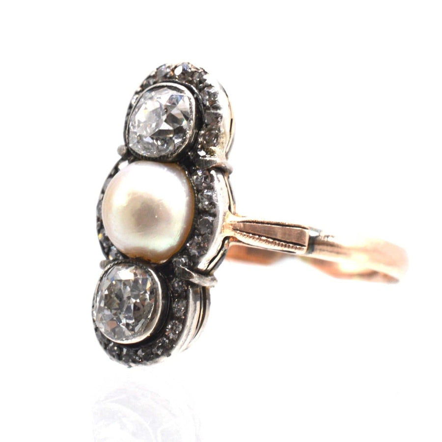 Edwardian Silver and 15ct Gold Old Mine Cut Diamond and Natural Pearl Three Stone Ring | Parkin and Gerrish | Antique & Vintage Jewellery