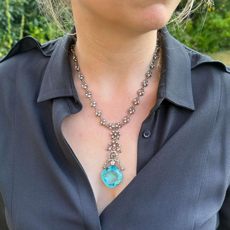 Edwardian Silver & White Paste Necklace with "Aquamarine" Paste Drop Pendant | Parkin and Gerrish | Antique & Vintage Jewellery
