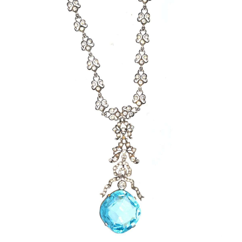 Edwardian Silver & White Paste Necklace with "Aquamarine" Paste Drop Pendant