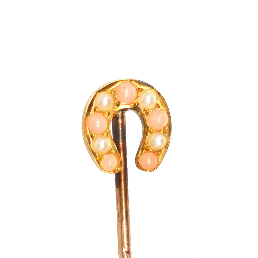Edwardian Small 9ct Gold Pearl and Angel Skin Coral Horseshoe Tie Pin | Parkin and Gerrish | Antique & Vintage Jewellery
