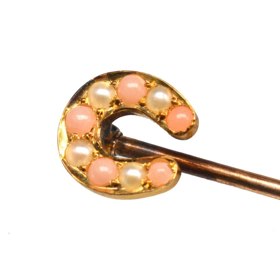 Edwardian Small 9ct Gold Pearl and Angel Skin Coral Horseshoe Tie Pin | Parkin and Gerrish | Antique & Vintage Jewellery