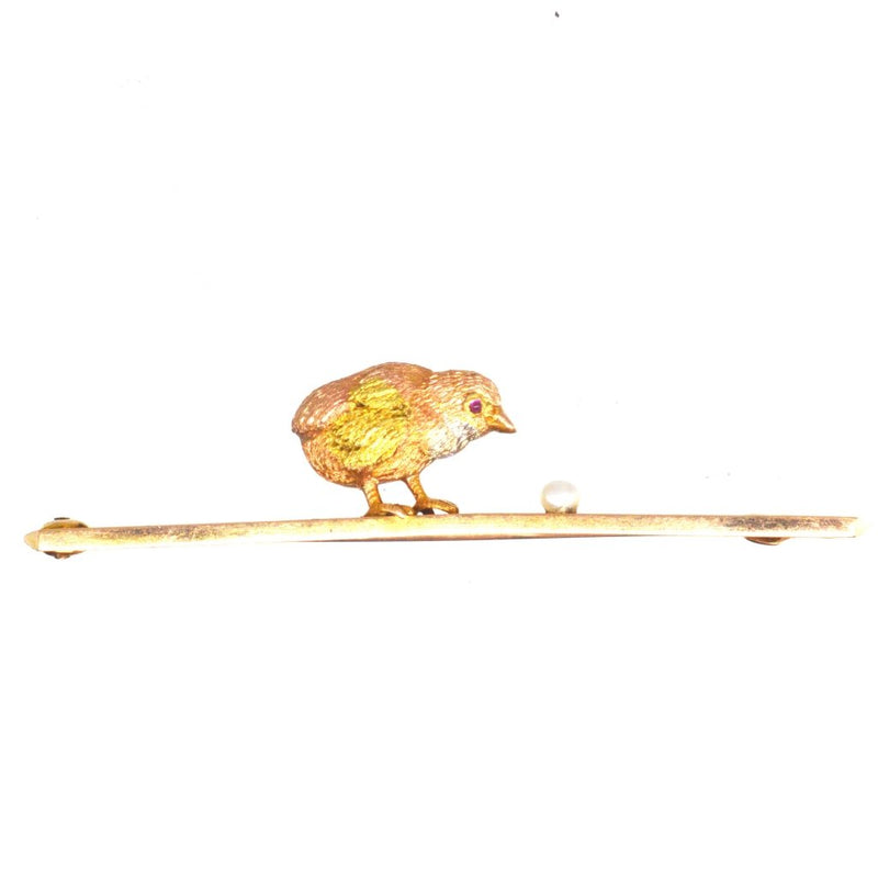 Edwardian Three-Colour 15ct Gold Chick & Pearl Egg Bar Brooch