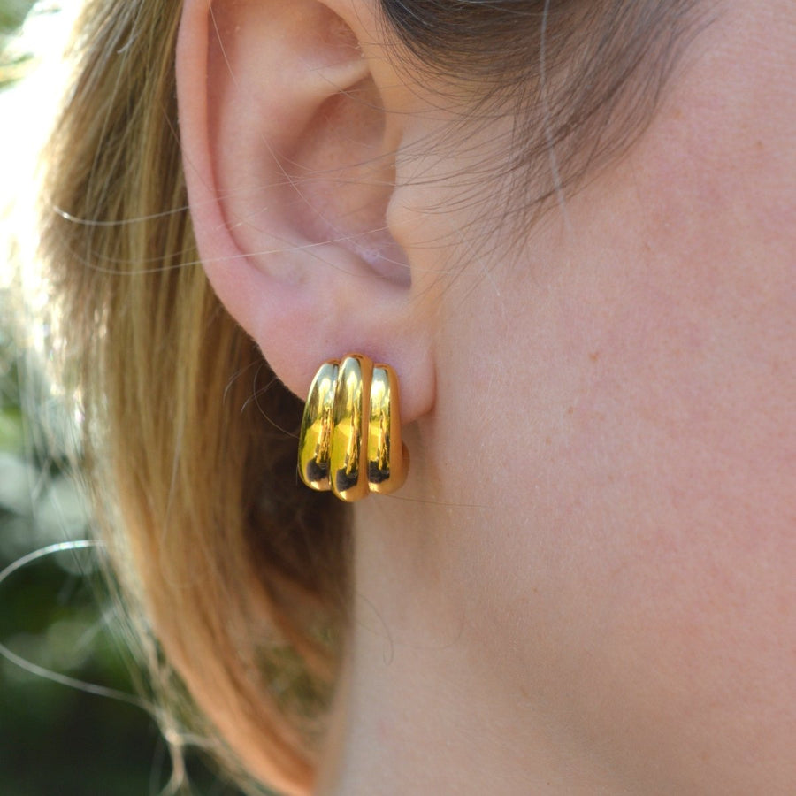 French 18ct Gold Retro Three Band Earrings | Parkin and Gerrish (UK)