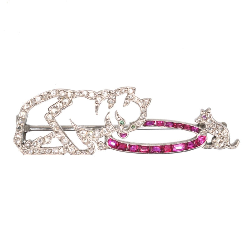 French Art Deco Platinum, Rose Cut Diamond & Ruby Brooch with a Cat and a Mouse