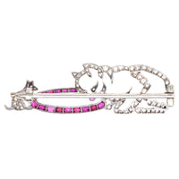 French Art Deco Platinum, Rose Cut Diamond & Ruby Brooch with a Cat and a Mouse | Parkin and Gerrish (UK)