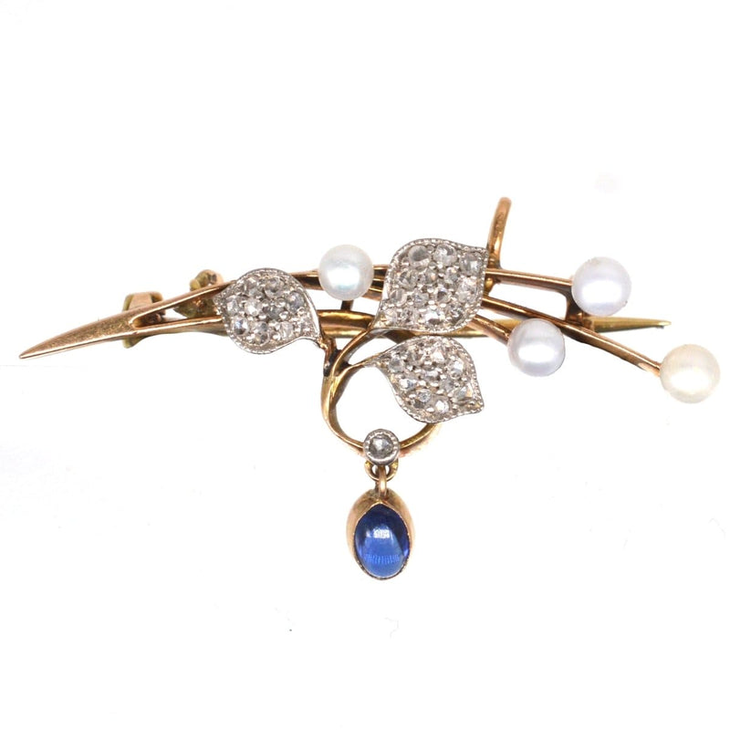 Broche/Pendentif Art Nouveau français en or 14 carats avec perles, diamants et saphir cabochon