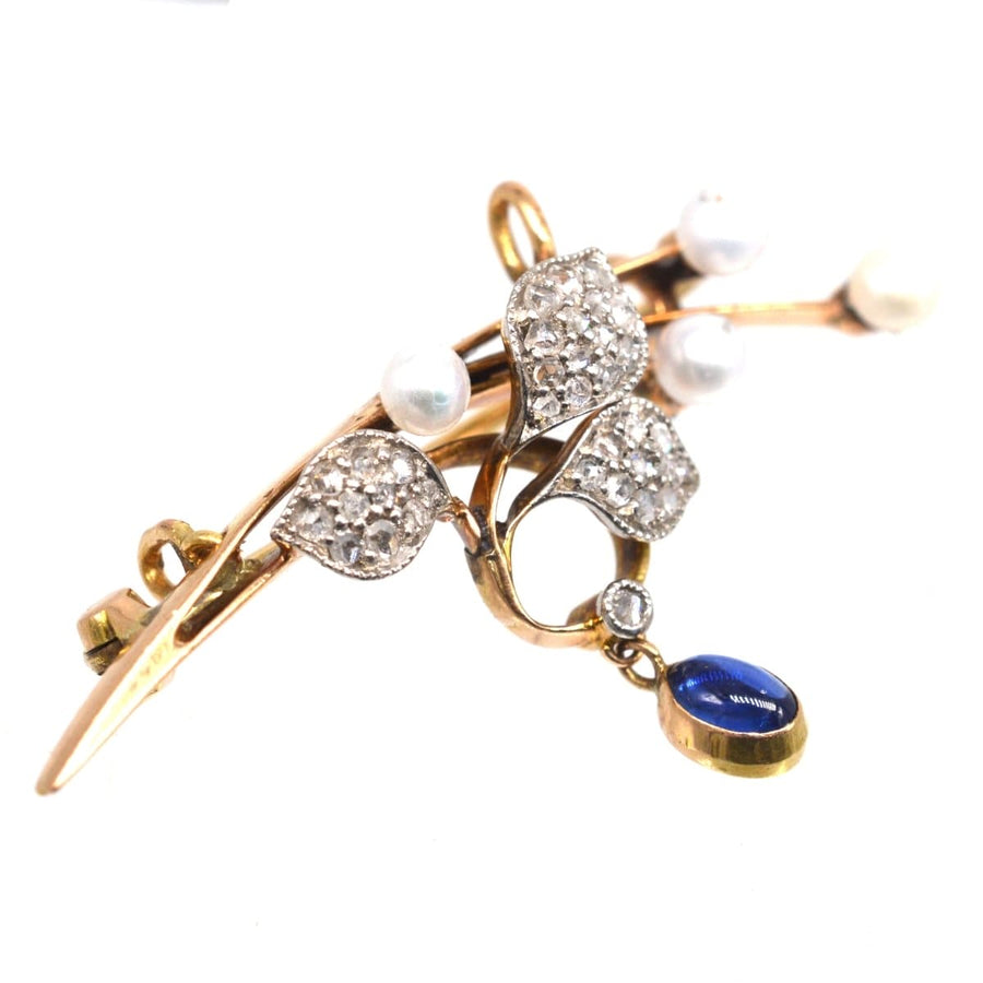 French Art Nouveau 14ct Gold Pearl, Diamond and Cabochon Sapphire Brooch / Pendant | Parkin and Gerrish | Antique & Vintage Jewellery