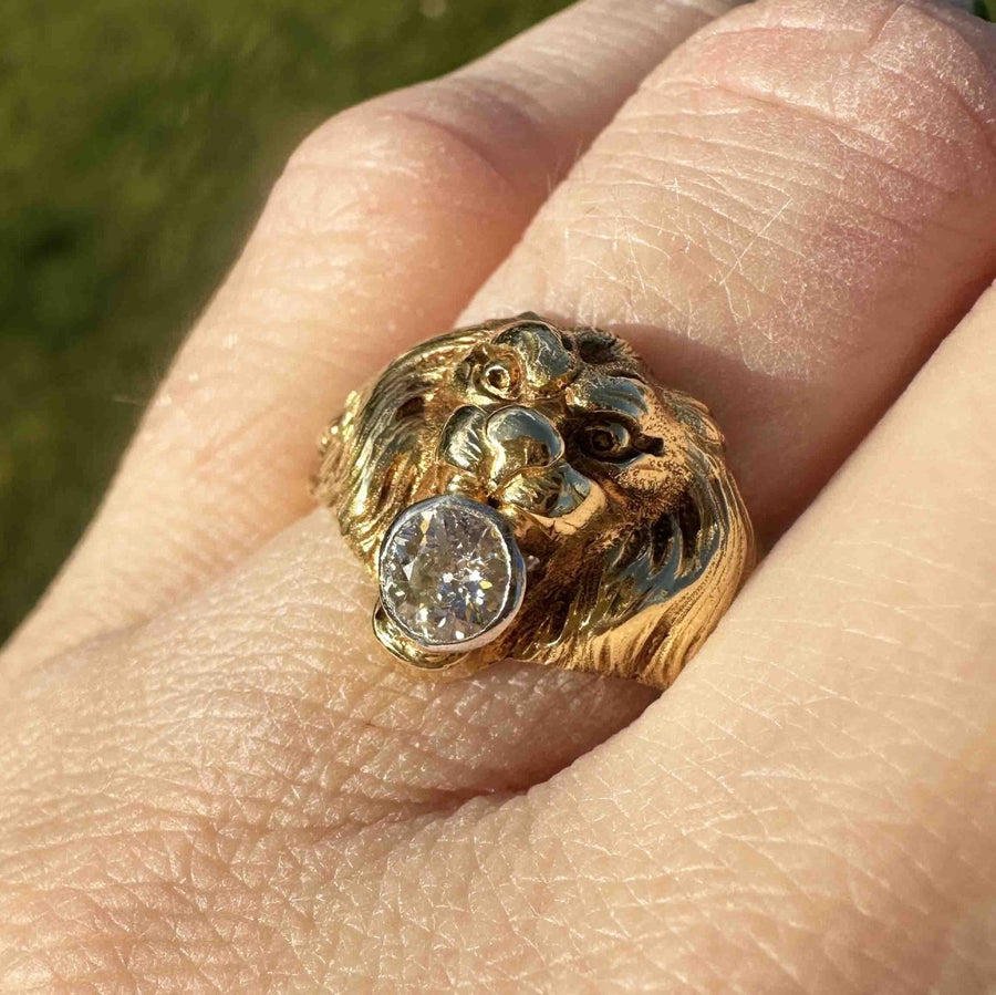 French Art Nouveau 18ct Gold Roaring Lion with Diamond | Parkin and Gerrish | Antique & Vintage Jewellery