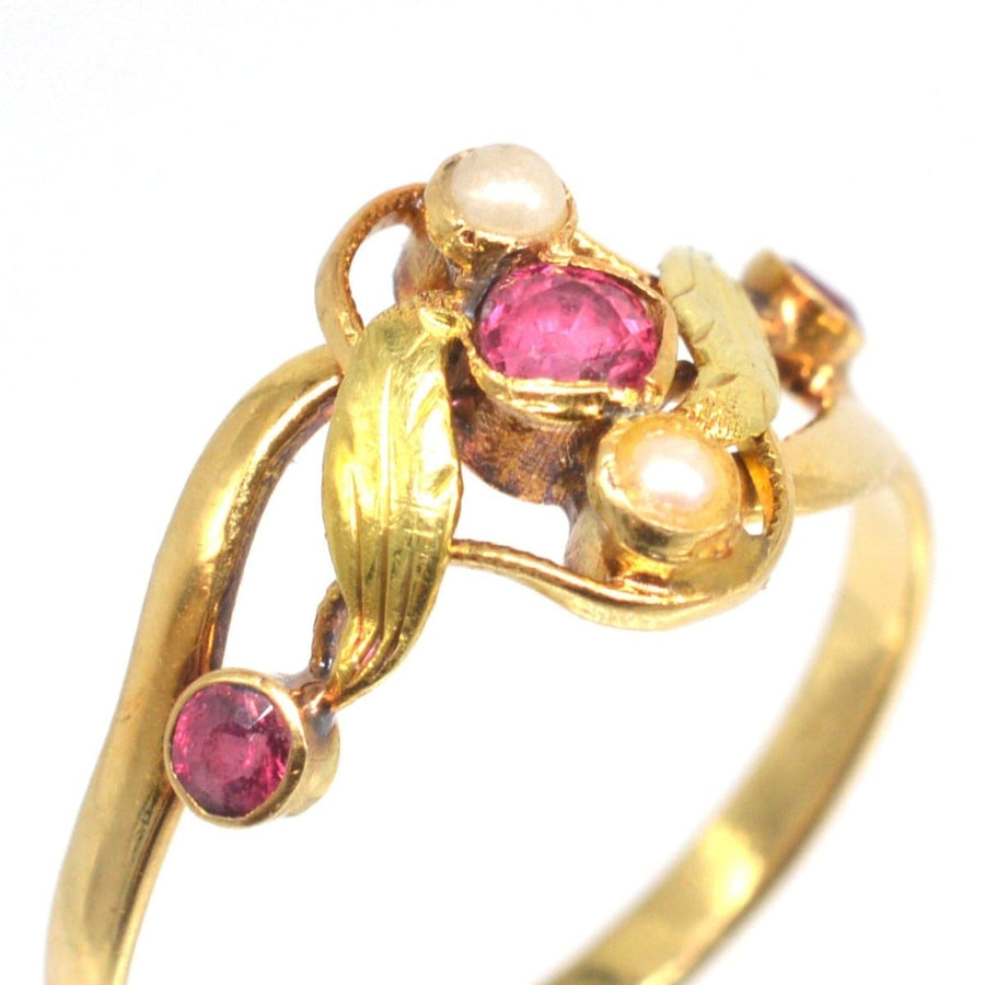 French Art Nouveau 18ct Gold, Ruby and Pearl Ring | Parkin and Gerrish | Antique & Vintage Jewellery