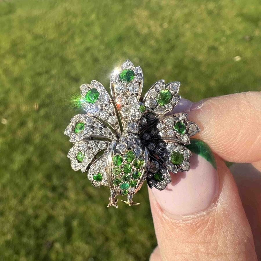 French Belle Epoque 18ct Gold Green Garnet Peacock Brooch and Pendant | Parkin and Gerrish | Antique & Vintage Jewellery