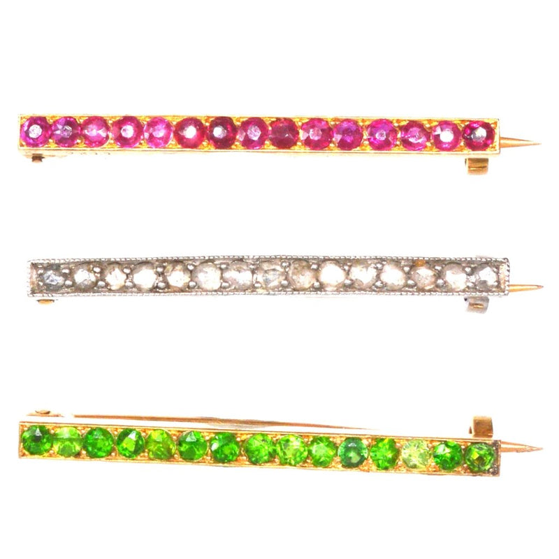 French Early 20th Century 18ct Gold and Platinum Gem-Set Bar Brooch Trio