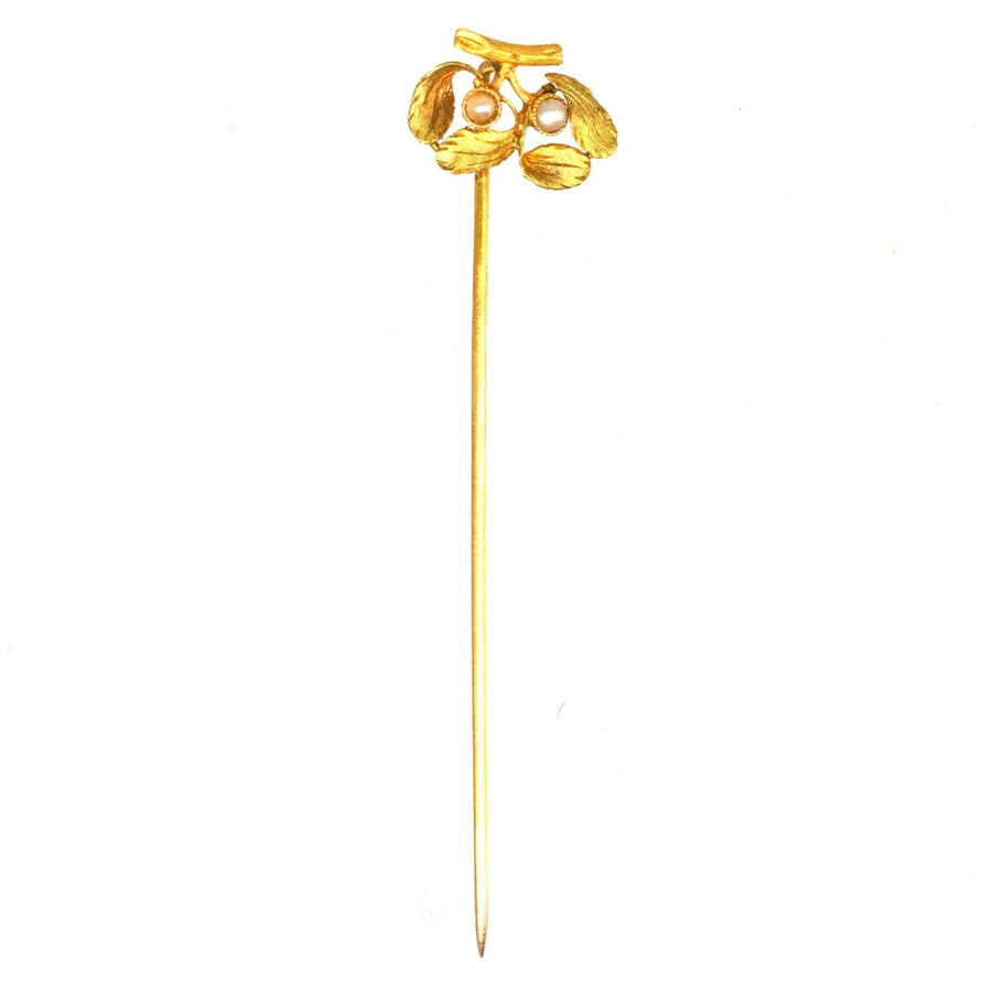 French Late 19th Century 18ct Gold Mistletoe Pearl Tie Pin | Parkin and Gerrish (UK)