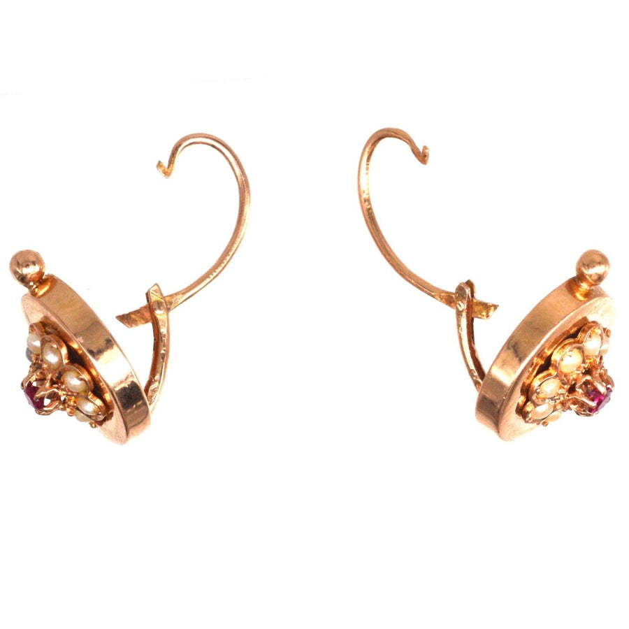 French Late 19th Century 18ct Rose Gold Seed Pearls and Ruby Cluster Earrings | Parkin and Gerrish (UK)