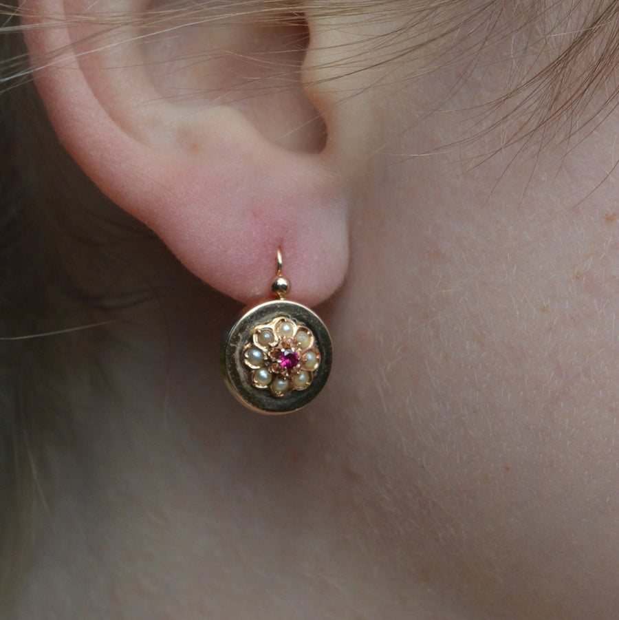 French Late 19th Century 18ct Rose Gold Seed Pearls and Ruby Cluster Earrings | Parkin and Gerrish (UK)