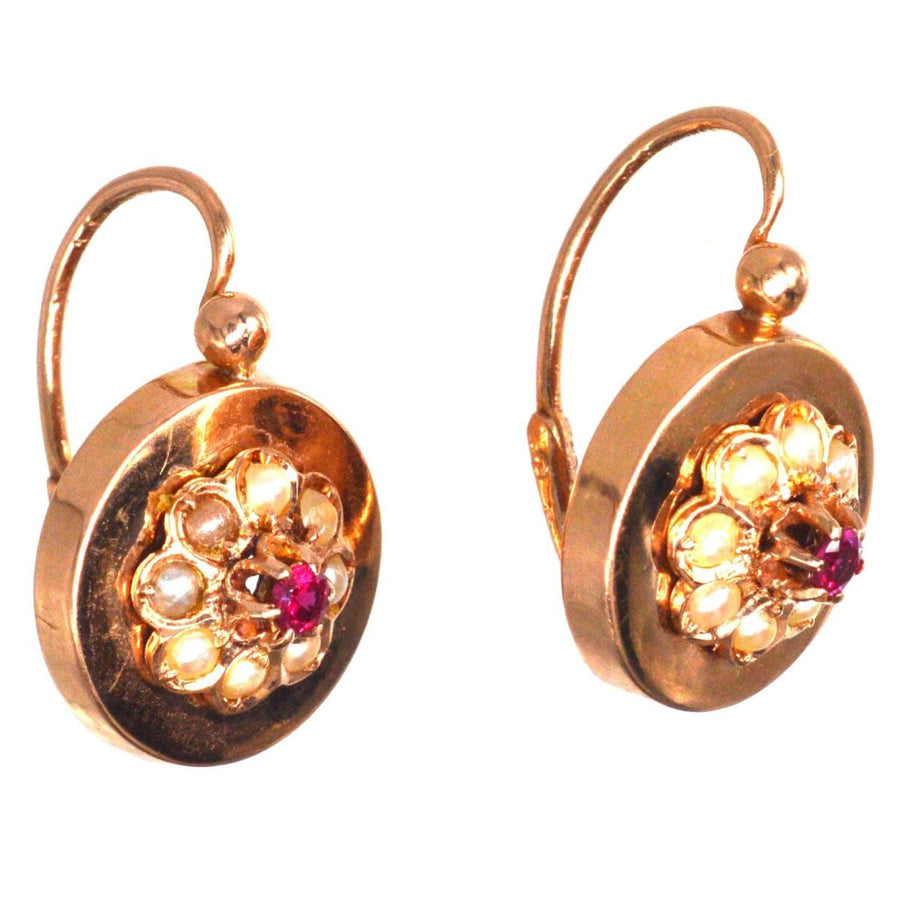 French Late 19th Century 18ct Rose Gold Seed Pearls and Ruby Cluster Earrings | Parkin and Gerrish (UK)