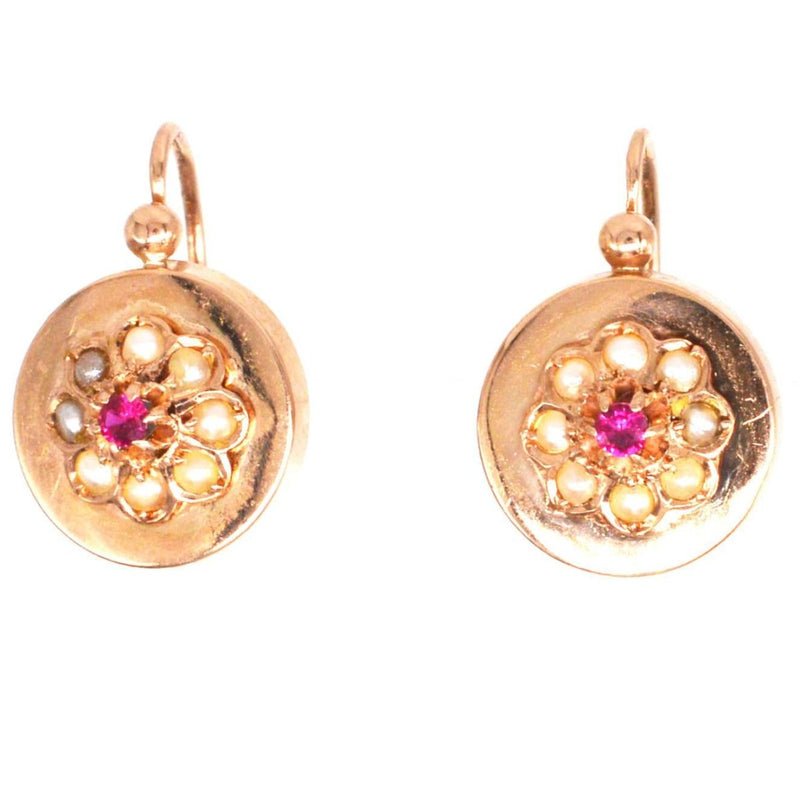 French Late 19th Century 18ct Rose Gold Seed Pearls and Ruby Cluster Earrings