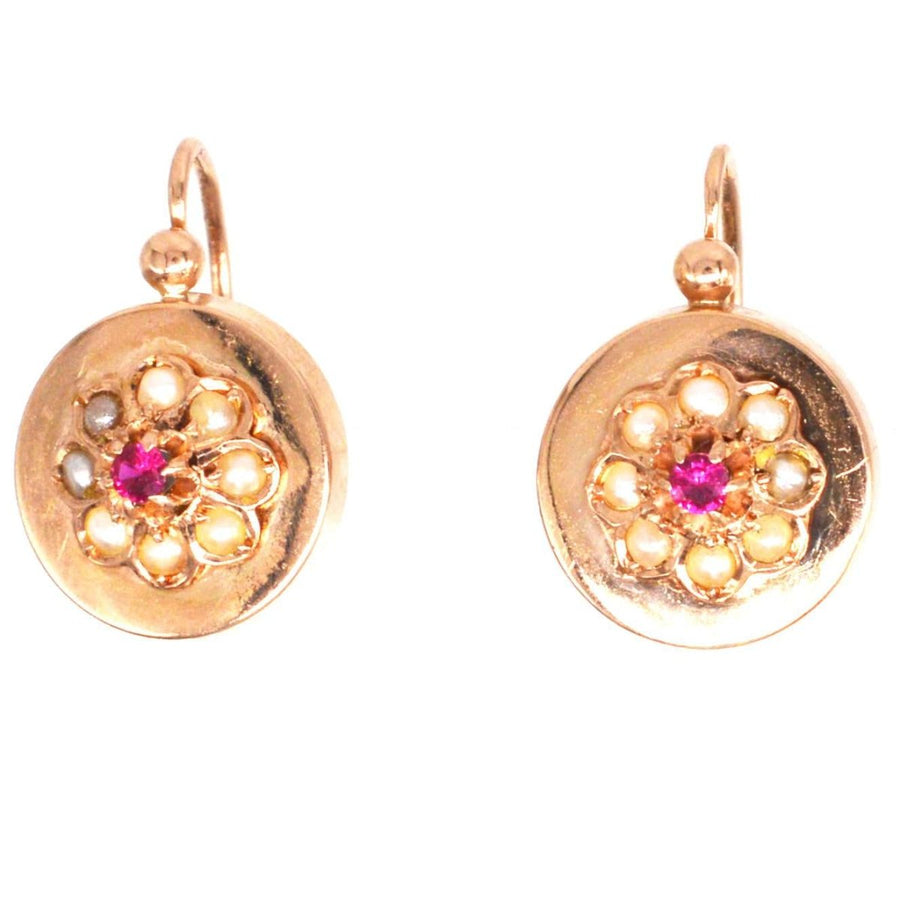 French Late 19th Century 18ct Rose Gold Seed Pearls and Ruby Cluster Earrings | Parkin and Gerrish (UK)