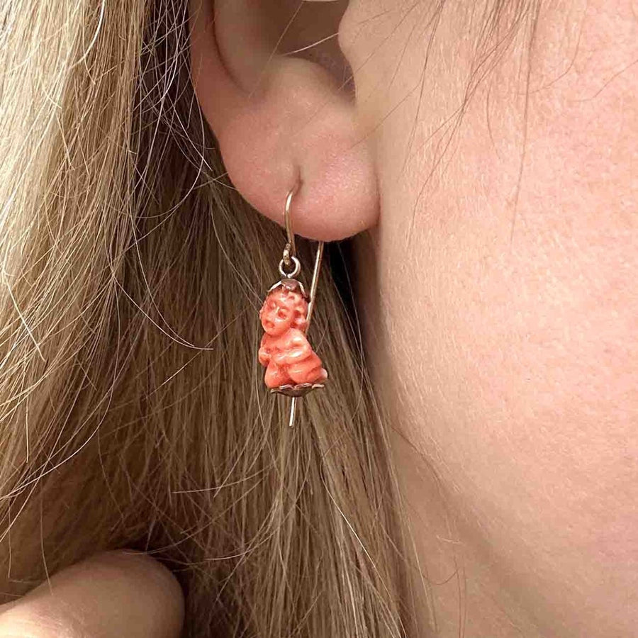 Georgian 12ct Gold Coral Cupid Earrings | Parkin and Gerrish | Antique & Vintage Jewellery