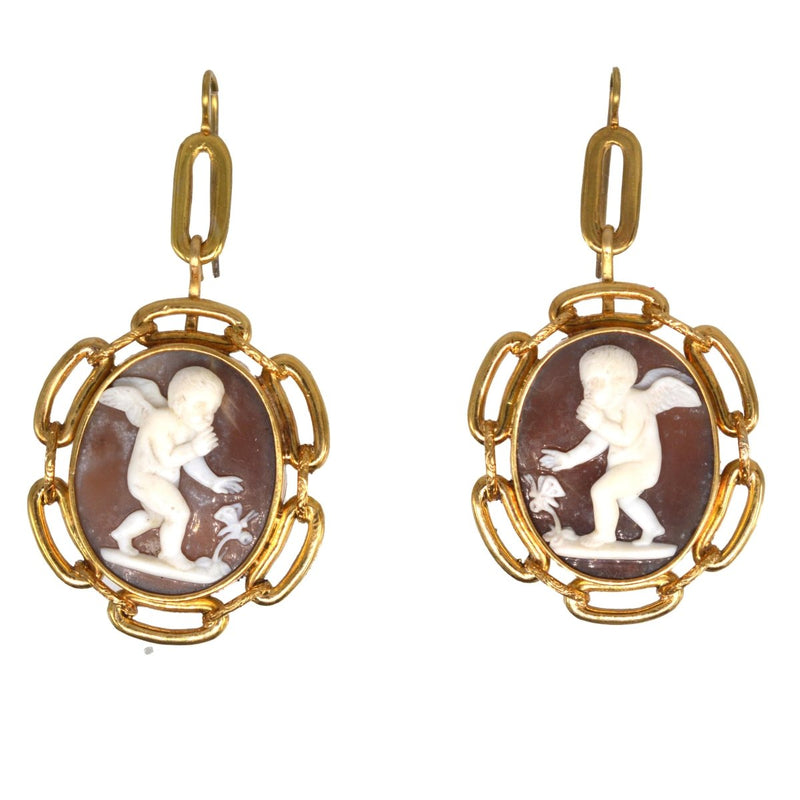 Large 19th Century 15ct Gold Cassis Tuberosa Helmet Shell Cameo Earrings of Cupid and a Butterfly