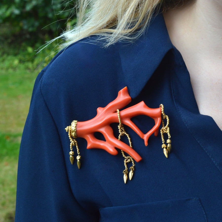 Large 19th Century Itailian Red Coral Branch Brooch with Gold rope tassel details | Parkin and Gerrish | Antique & Vintage Jewellery