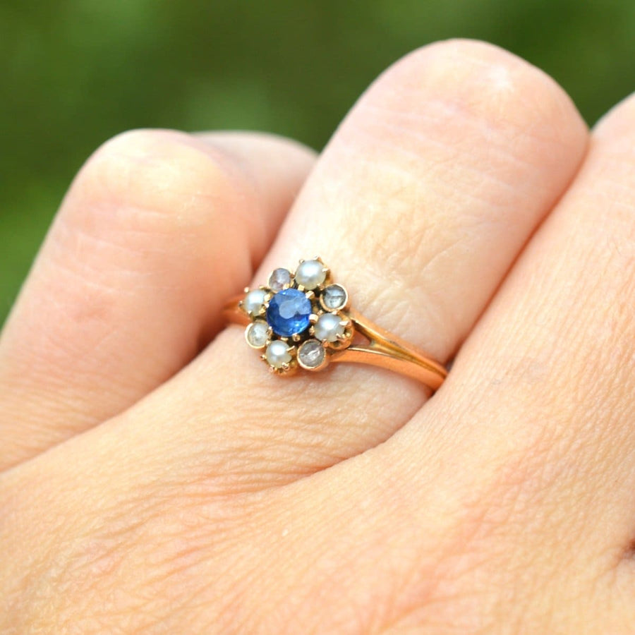 Late 19th Century French 14ct Gold Sapphire, Pearl and Diamond Ring | Parkin and Gerrish | Antique & Vintage Jewellery