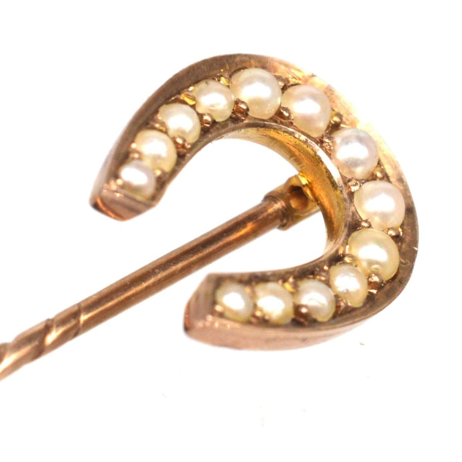 Late Victorian 9ct Gold Seed Pearl Horseshoe Tie Pin | Parkin and Gerrish | Antique & Vintage Jewellery