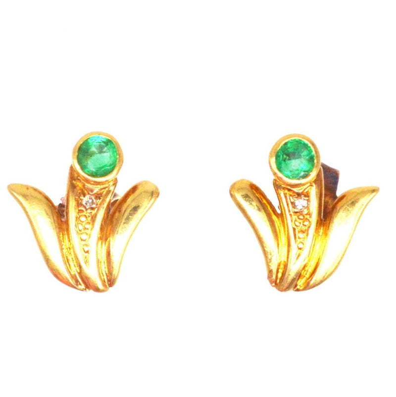 Mid-Century 18ct Gold Emerald and Diamond Tulip Stud Earrings