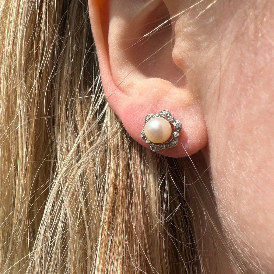 Mid Century 9ct White Gold Pearl and Diamond Star Cluster Earrings | Parkin and Gerrish | Antique & Vintage Jewellery