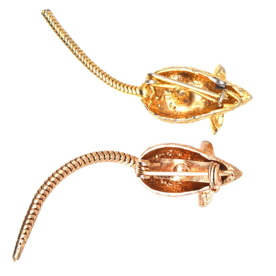 Mid Century Pair of Gold Tone Mice Brooches with Paste Coloured Eyes | Parkin and Gerrish (UK)