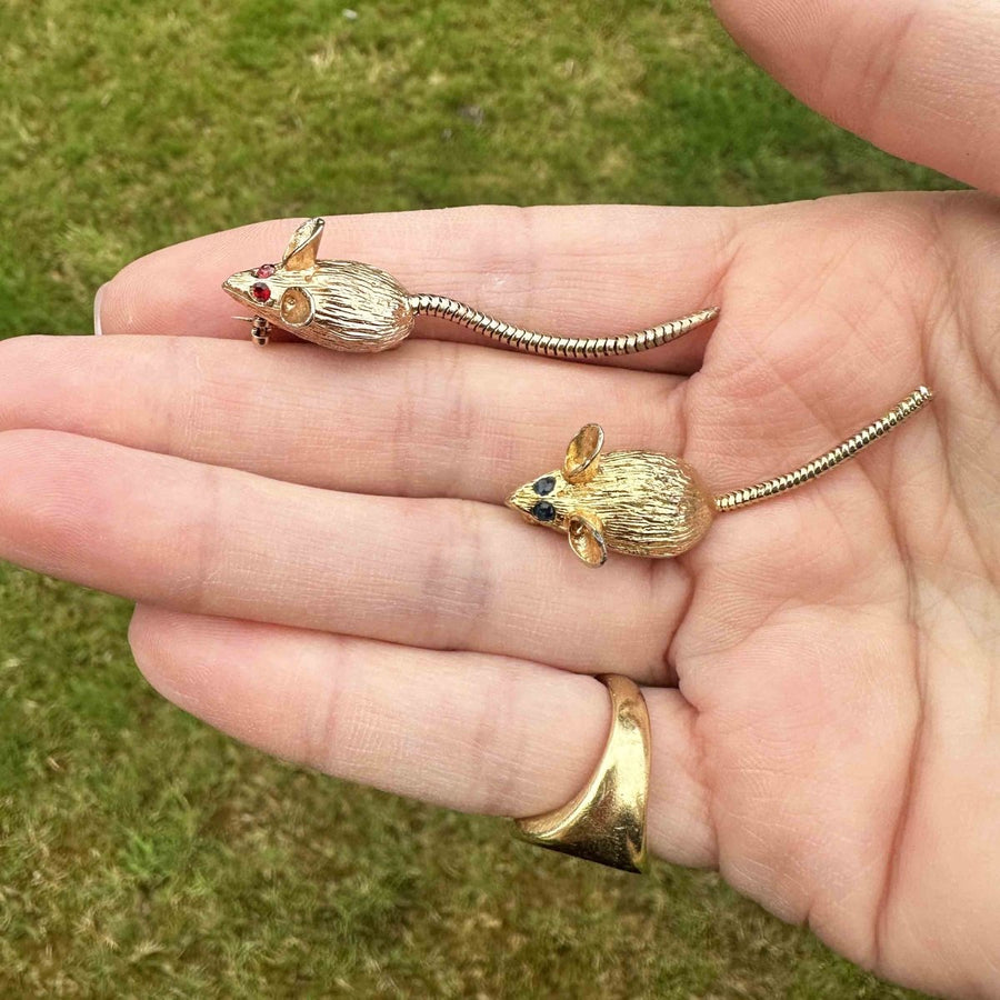 Mid Century Pair of Gold Tone Mice Brooches with Paste Coloured Eyes | Parkin and Gerrish (UK)