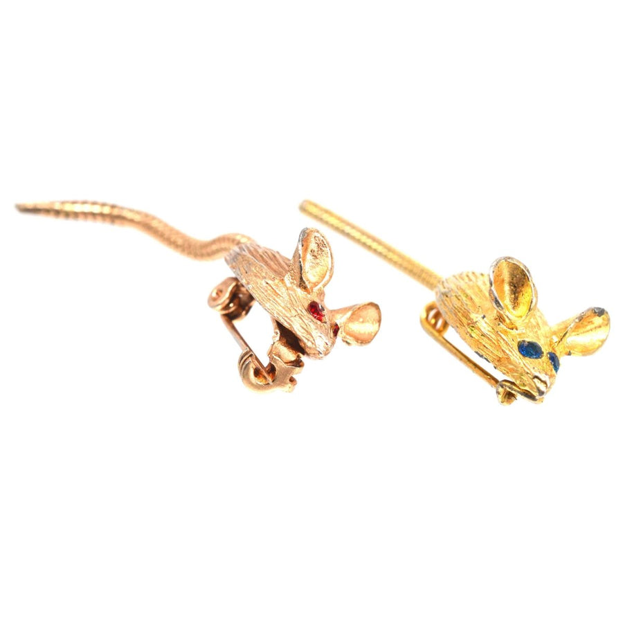 Mid Century Pair of Gold Tone Mice Brooches with Paste Coloured Eyes | Parkin and Gerrish (UK)