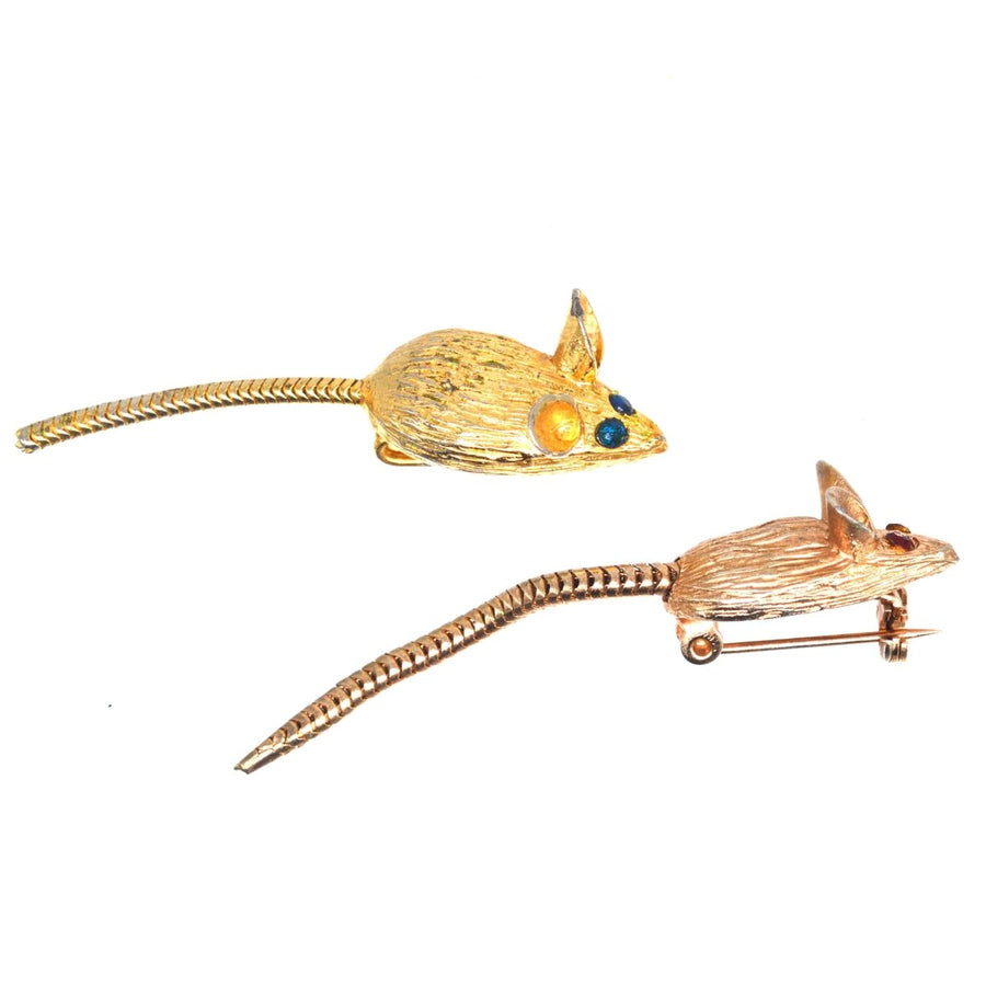 Mid Century Pair of Gold Tone Mice Brooches with Paste Coloured Eyes | Parkin and Gerrish (UK)