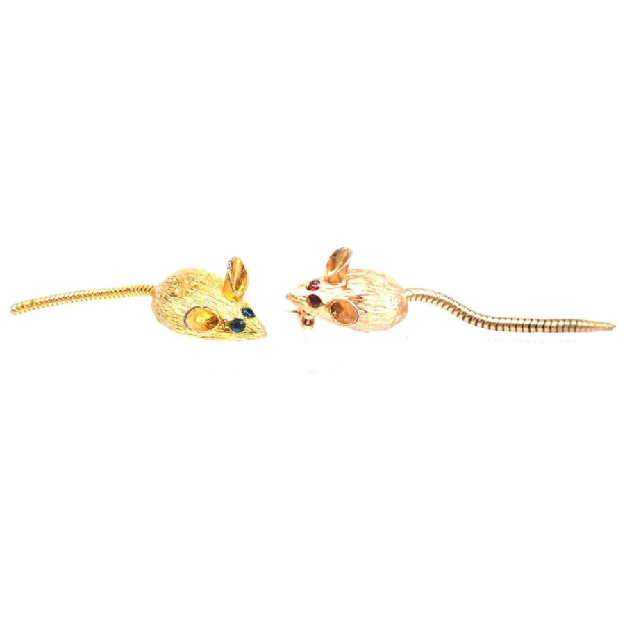 Mid Century Pair of Gold Tone Mice Brooches with Paste Coloured Eyes | Parkin and Gerrish (UK)