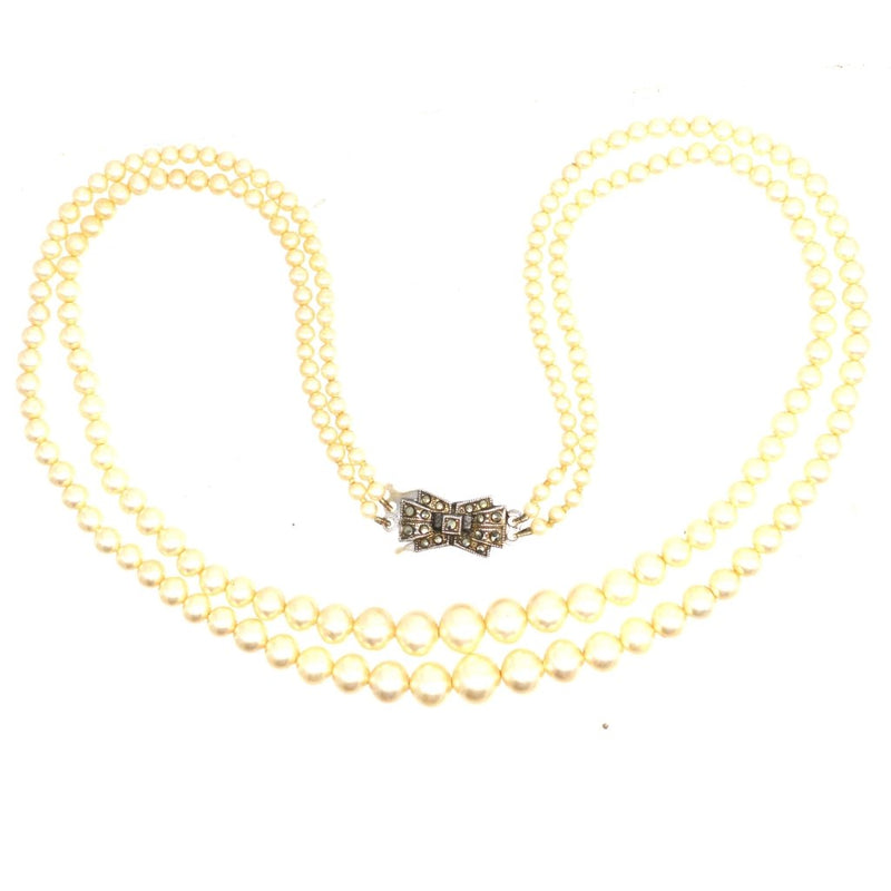 Mid Century Silver Marcasite Faux Pearl Double Strand Necklace