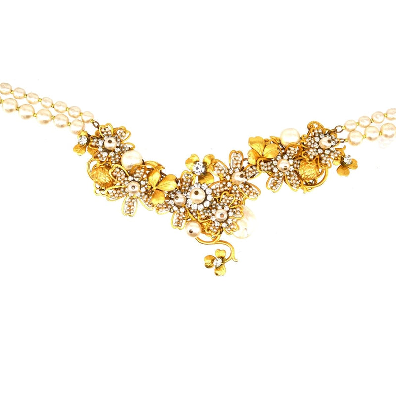 Collier en fausses perles et fleurs dorées signé Miriam Haskell