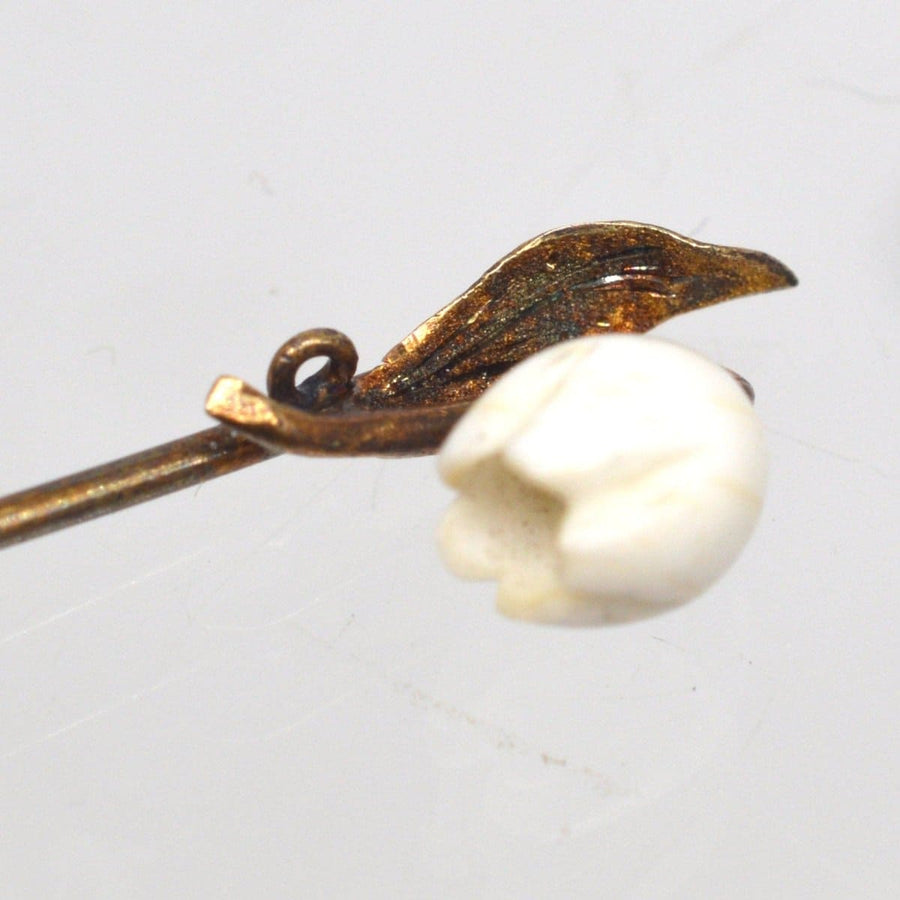 Rare Regency 9ct Gold Carved White Coral Snowdrop Flower Tie Pin | Parkin and Gerrish | Antique & Vintage Jewellery