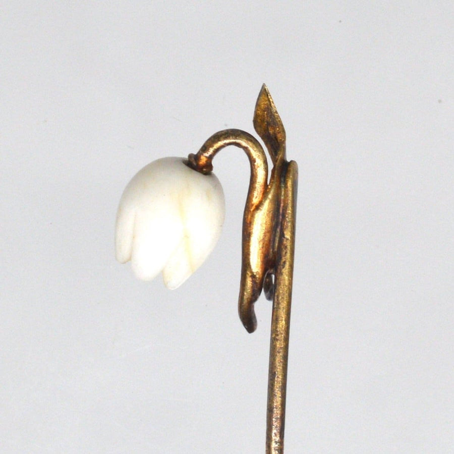 Rare Regency 9ct Gold Carved White Coral Snowdrop Flower Tie Pin | Parkin and Gerrish | Antique & Vintage Jewellery